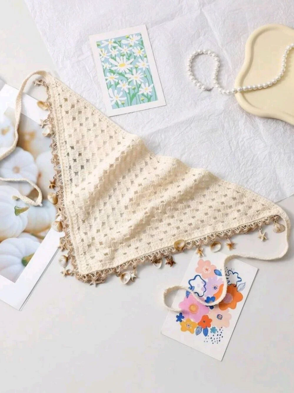 Cream Crochet Shell & Starfish Bandana Headscarf Summer Beach Festival Scarf